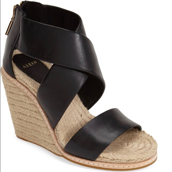 Aerin Jayden Black Leather Espadrille Wedge Heels - Picture 2 of 8